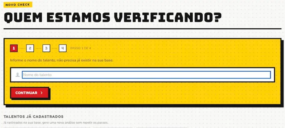 Novo check: digitando o nome, informando o Instagram e escolhendo a marca
