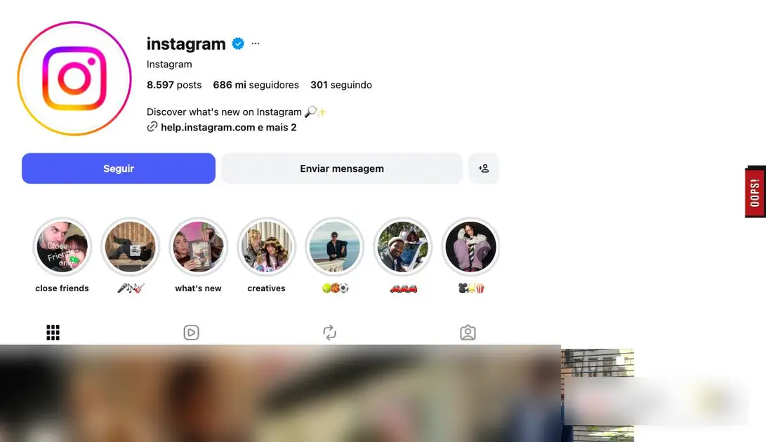 Extensão OOPS! num perfil do Instagram: abrindo o painel e verificando pontos de atenção