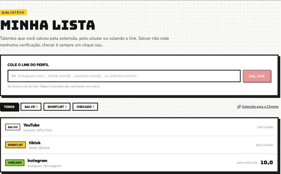Minha lista: colando um link de perfil, salvando e marcando como shortlist