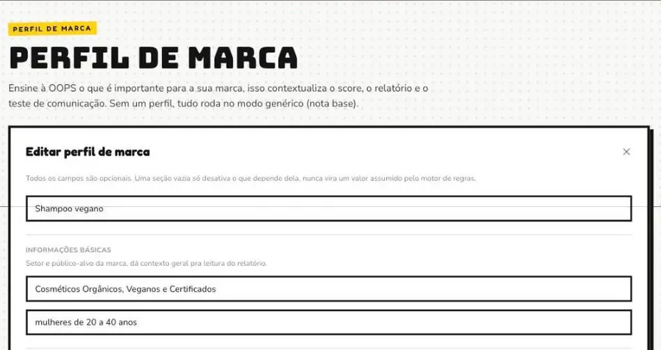 Perfil de marca: formulário com setor, público, temas de risco, valores e tom de voz
