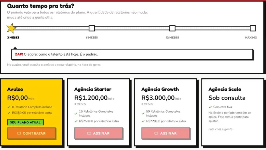 Slider de período passando por 3, 6 e 12 meses e máximo, com os preços dos planos mudando